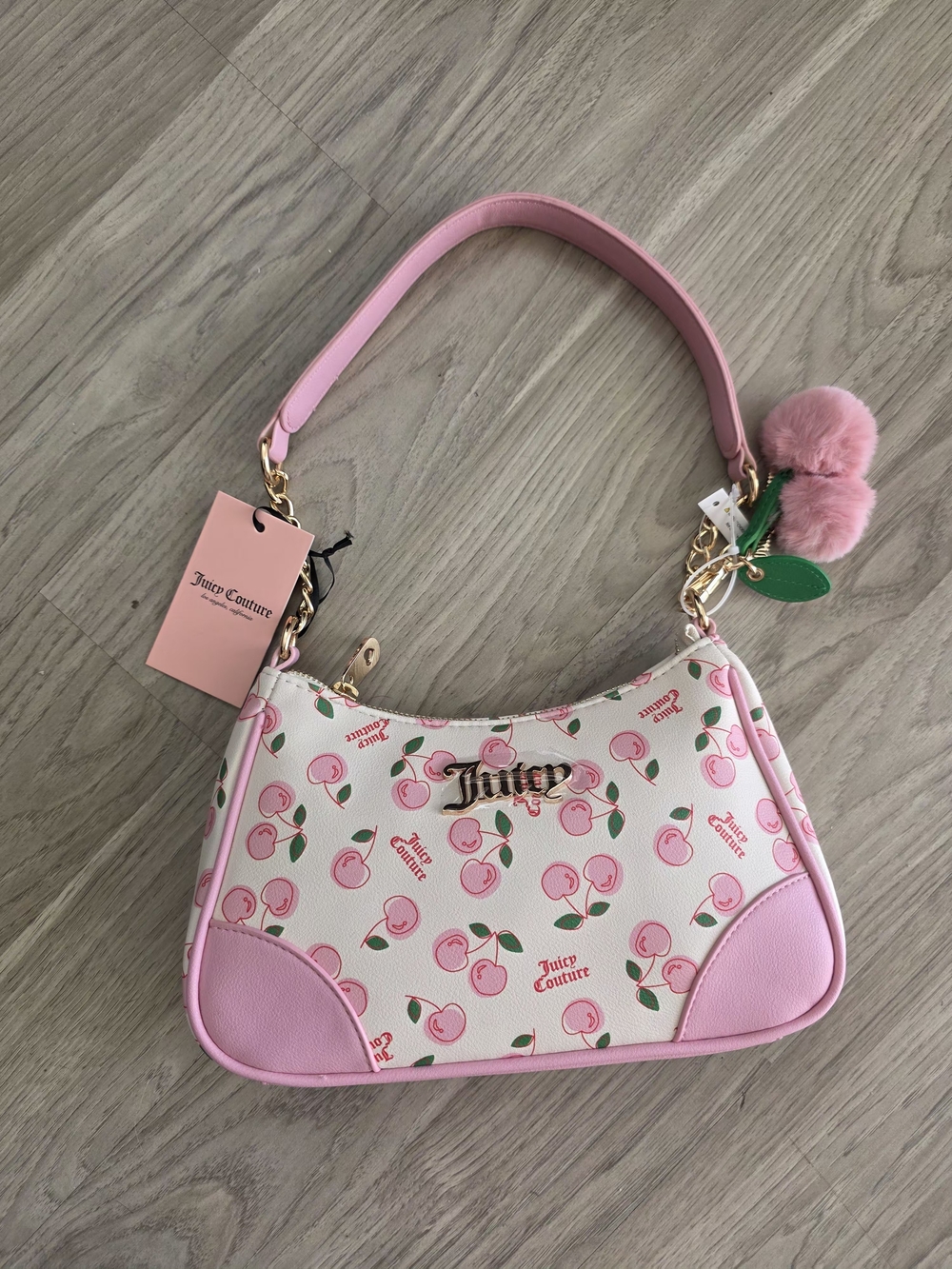 Juicy Couture Pink Cherry Print Shoulder Bag with Pom-Pom Charm